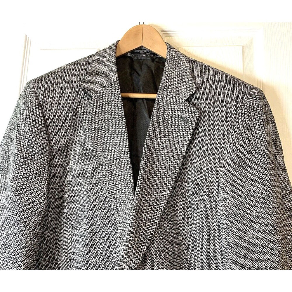 VTG Barrington Mens Blazer Sport Coat Jacket 44L 100% Silk Black/White Tweed